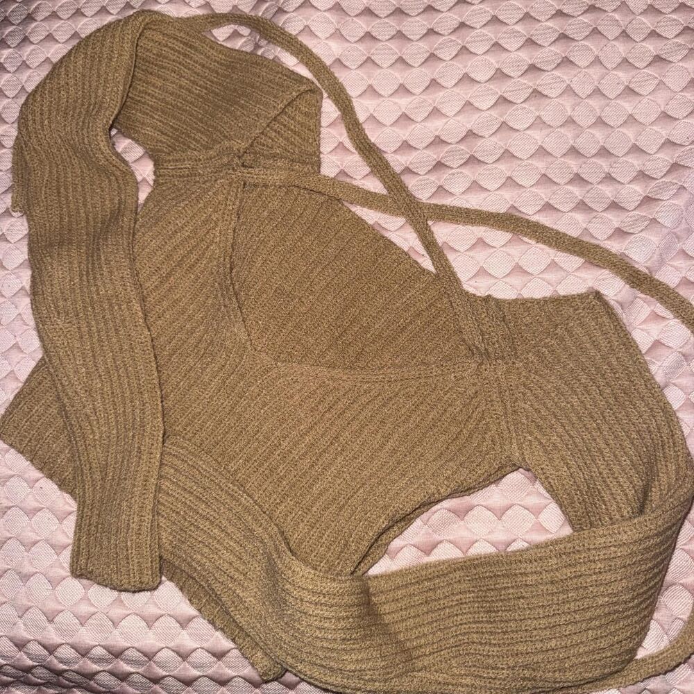 Brown Cropped Off the shoulder Sweater Top - Picture 3 of 5
